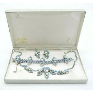 Jewels By Le Dor Blue AB Ice Rhinestone Faux Pearl 1950s Demi Parure Jewelry Set